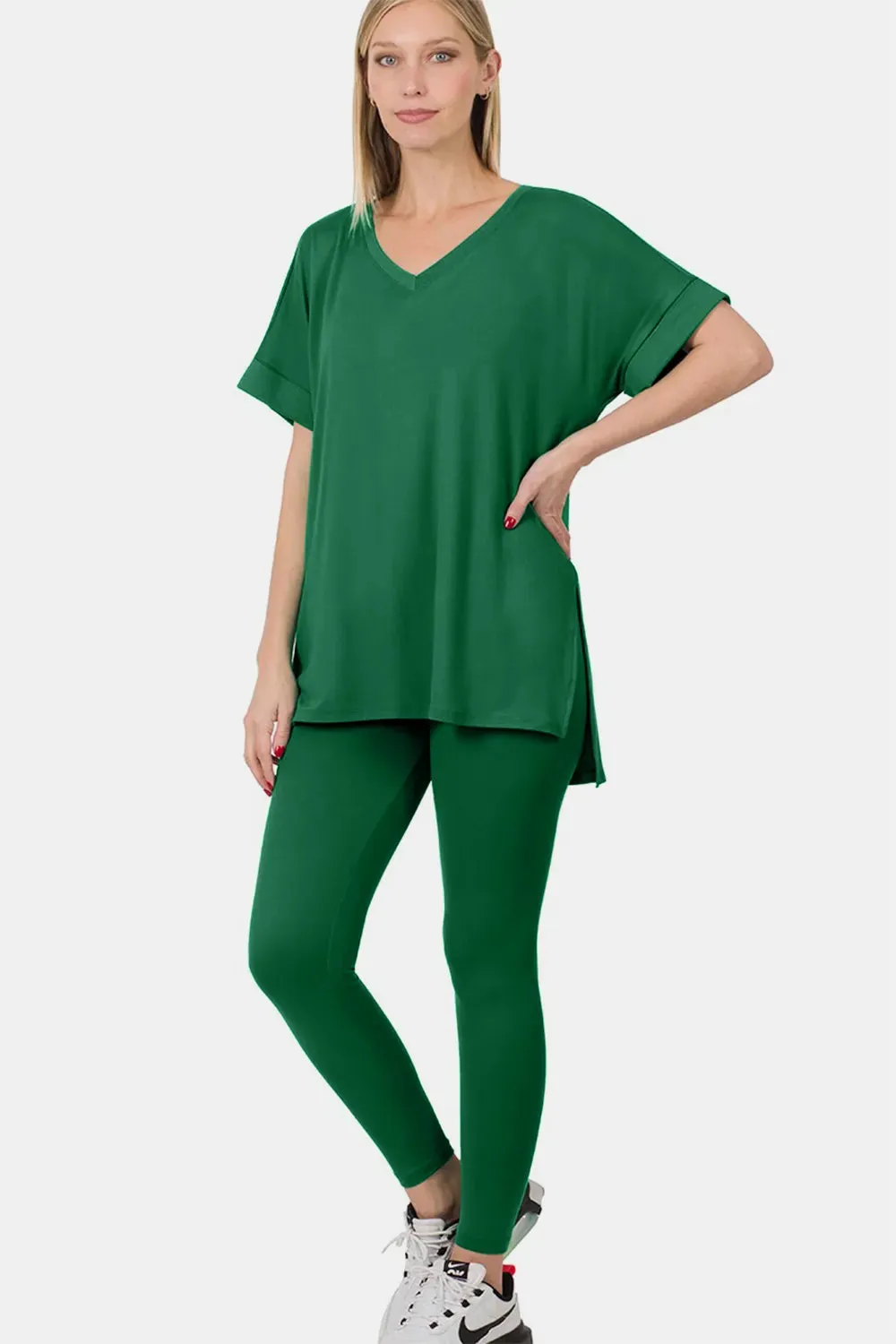 Zenana V-Neck Rolled Short Sleeve T-Shirt and Leggings Lounge Set sold by Gigi Laurent product image thumbnail 3