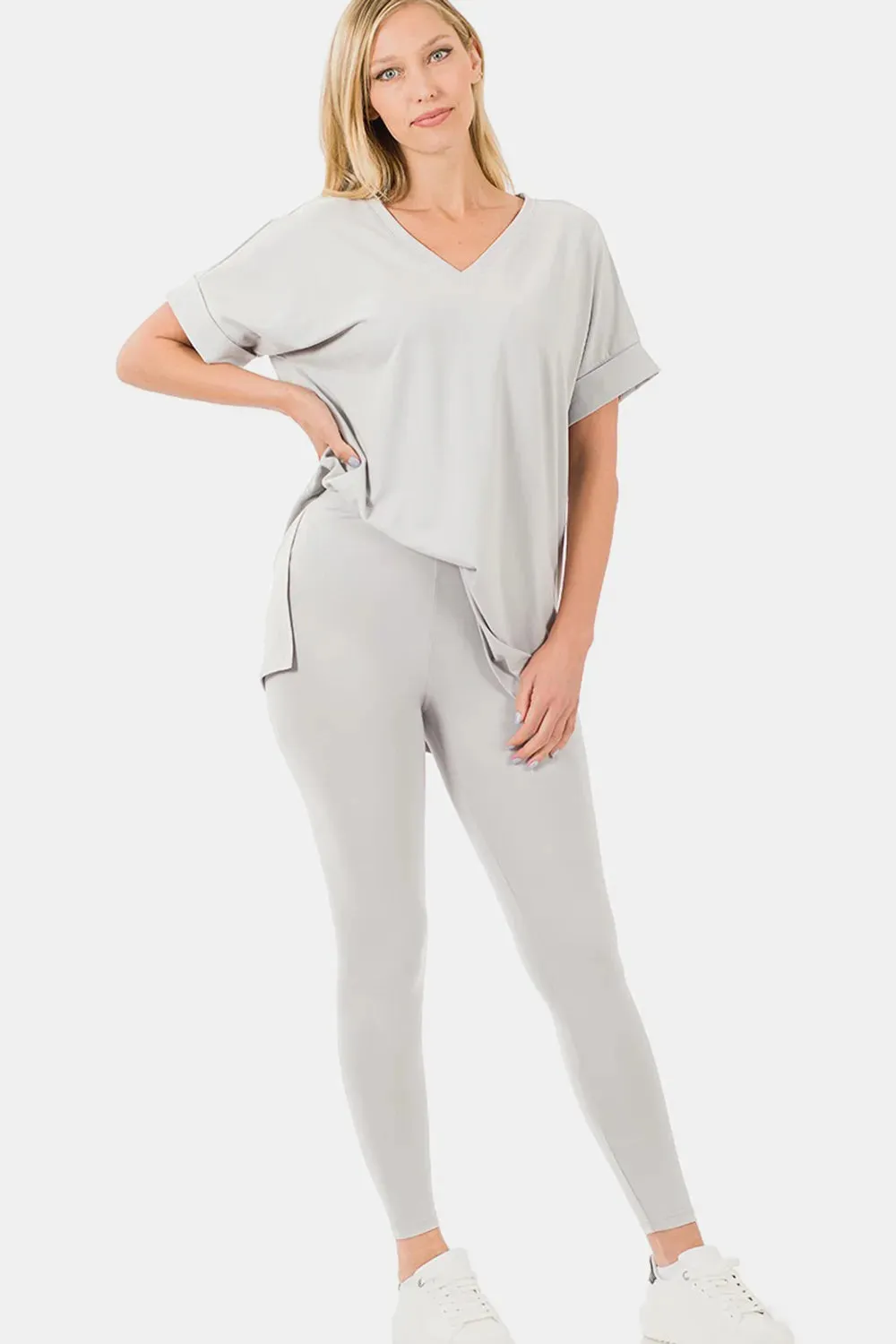 Zenana V-Neck Rolled Short Sleeve T-Shirt and Leggings Lounge Set sold by Gigi Laurent product image thumbnail 3