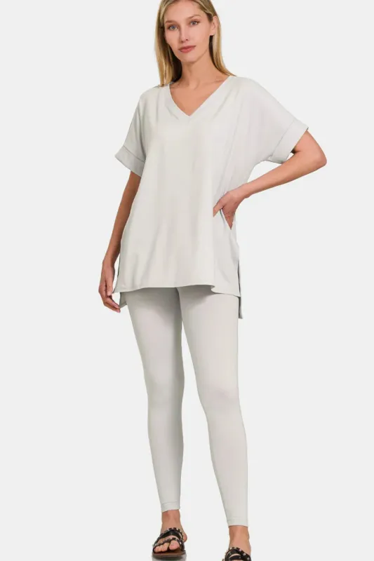 Zenana V-Neck Rolled Short Sleeve T-Shirt and Leggings Lounge Set sold by Gigi Laurent