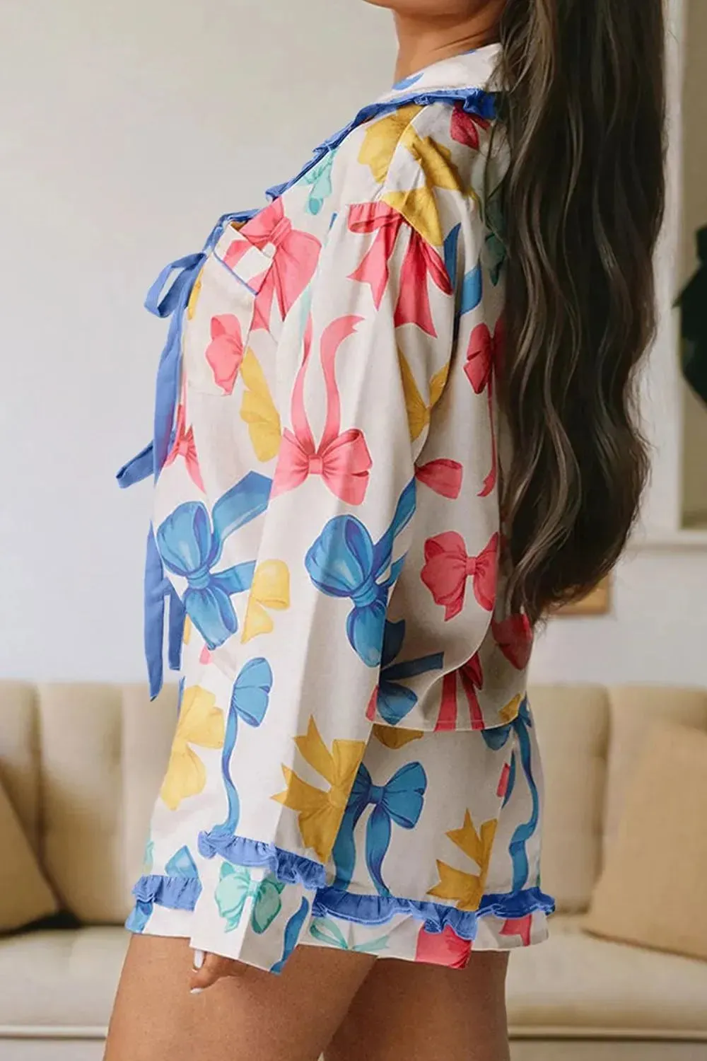 Bow Print Collared Neck Top and Shorts Lounge Set sold by Gigi Laurent product image thumbnail 2