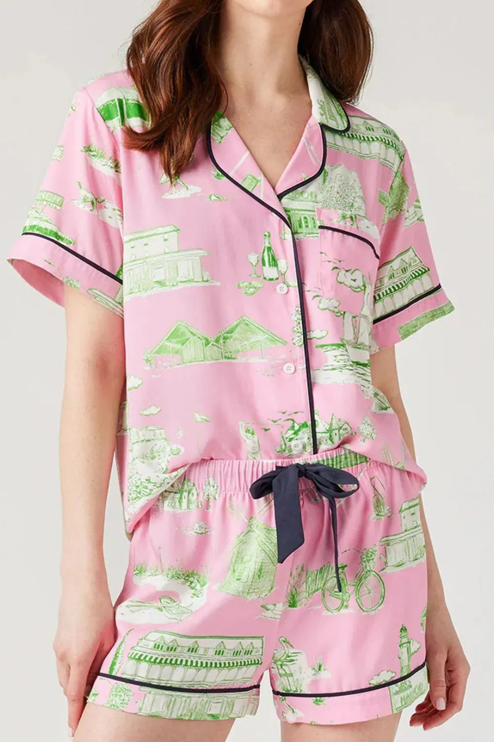 Collared Neck Printed Top and Drawstring Shorts Lounge Set sold by Gigi Laurent