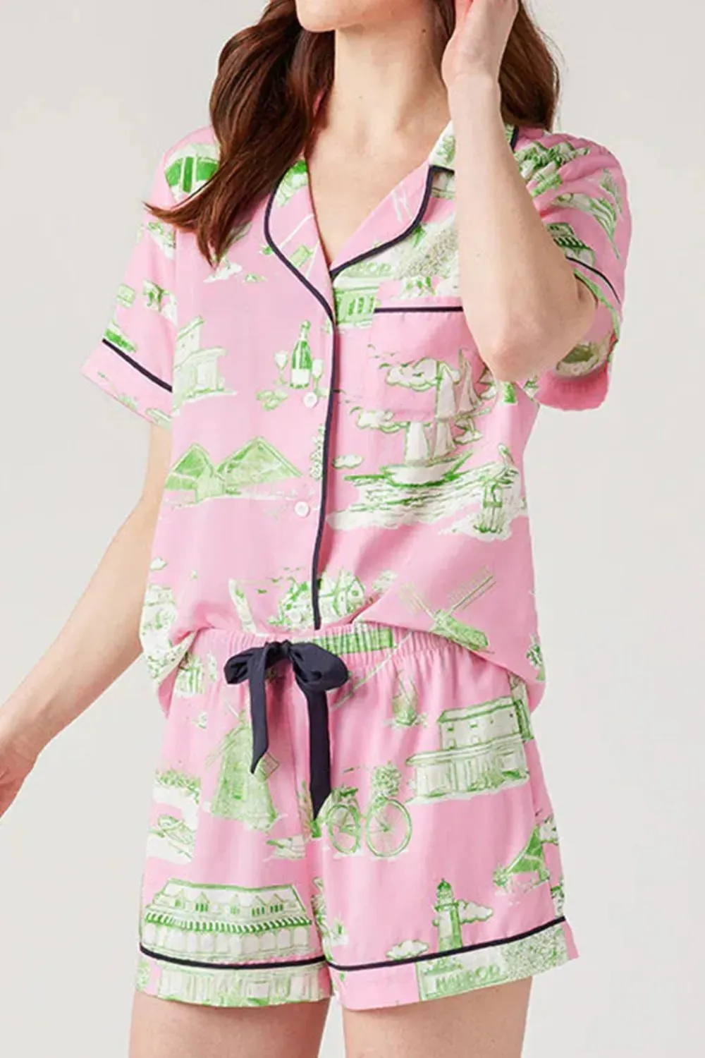 Collared Neck Printed Top and Drawstring Shorts Lounge Set sold by Gigi Laurent product image thumbnail 3