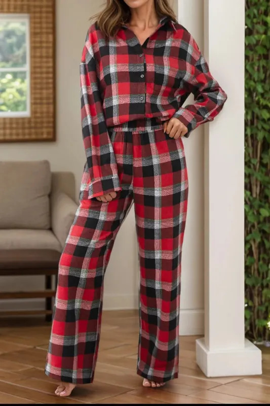 Plaid Long Sleeve Top and Pants Lounge Set sold by Gigi Laurent