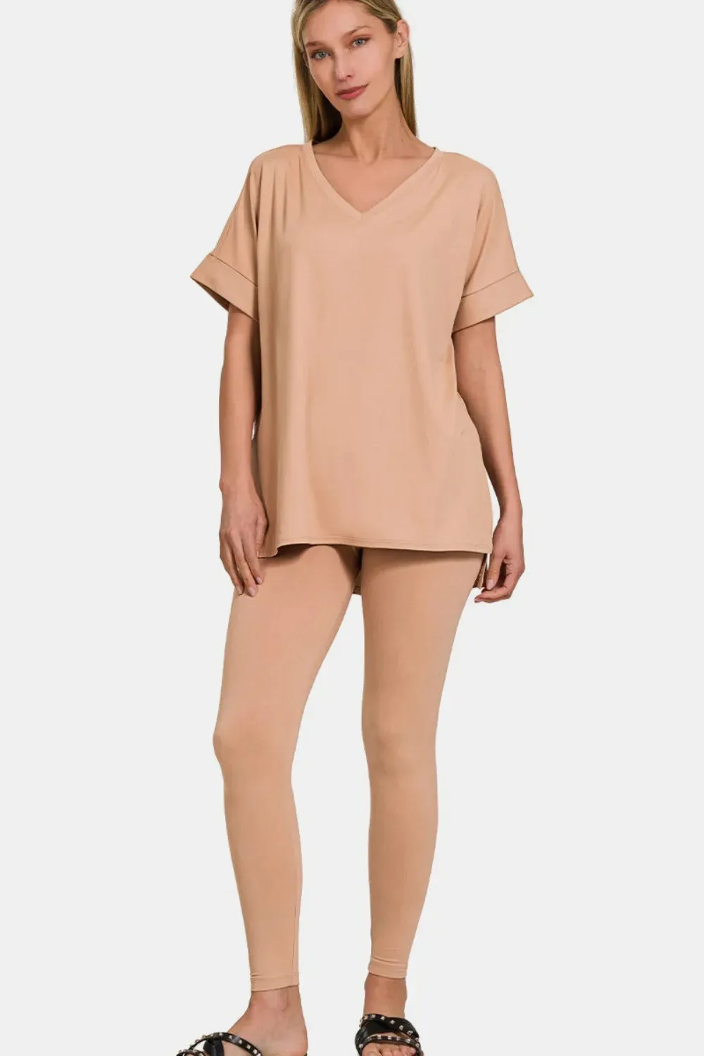 Zenana Full Size V-Neck Rolled Short Sleeve T-Shirt and Leggings Lounge Set sold by Gigi Laurent