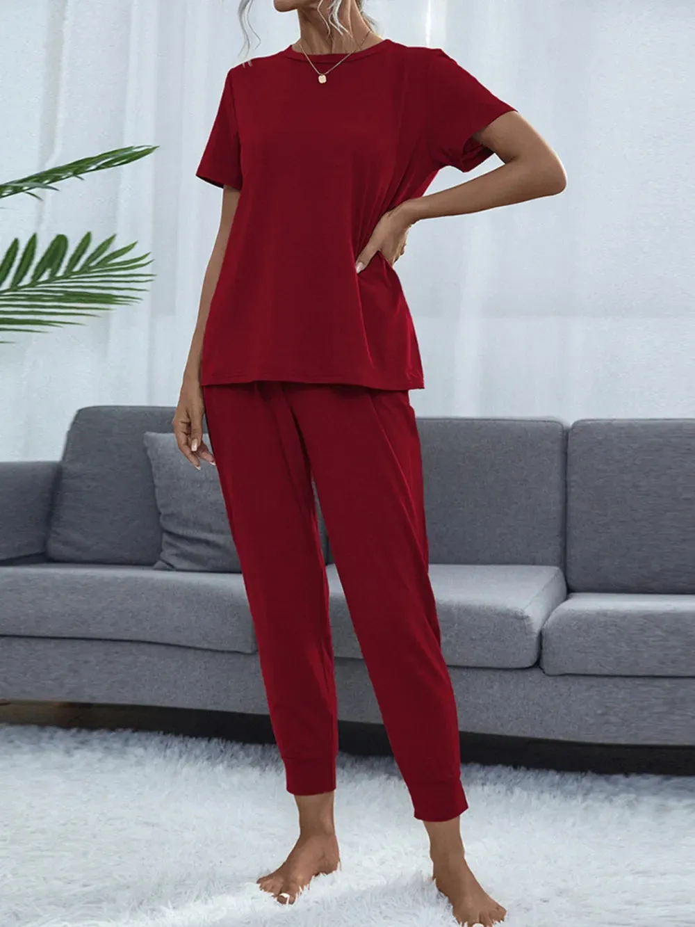 Shiny Round Neck Top and Pants Lounge Set sold by Gigi Laurent