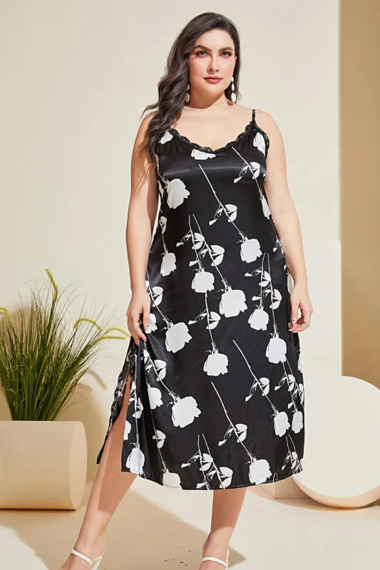 Plus Size Floral Lace Trim Side Slit Night Dress sold by Gigi Laurent