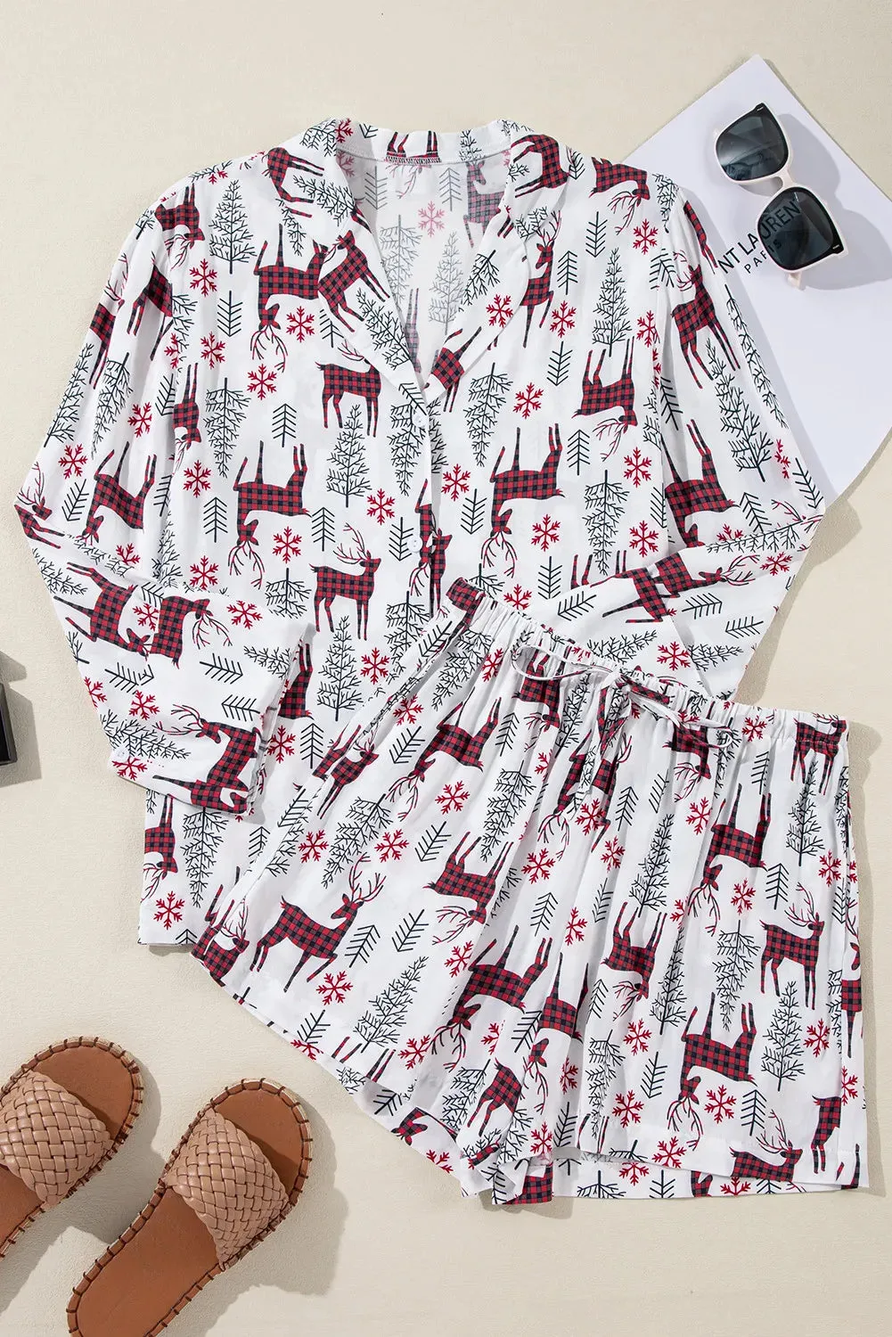 Printed Collared Neck Long Sleeve Top and Shorts Lounge Set sold by Gigi Laurent product image thumbnail 2