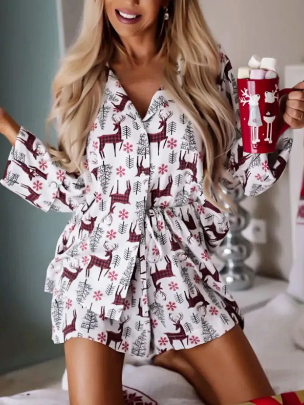 Printed Collared Neck Long Sleeve Top and Shorts Lounge Set sold by Gigi Laurent