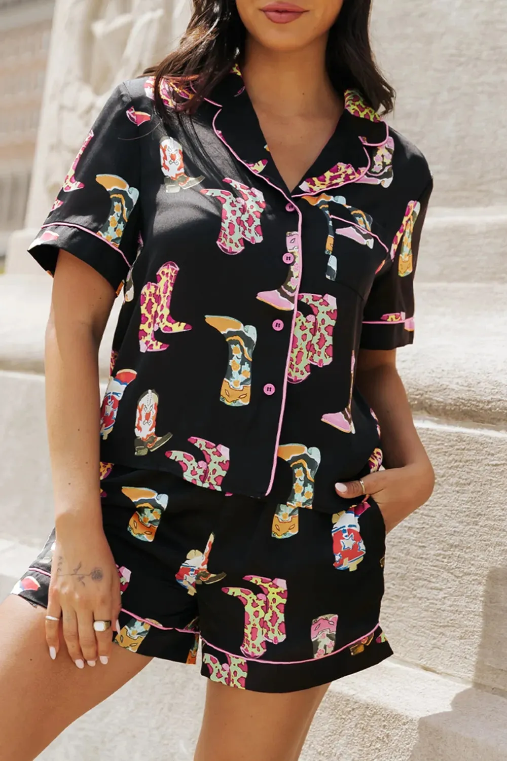 Printed Button Up Short Sleeve Top and Shorts Lounge Set sold by Gigi Laurent