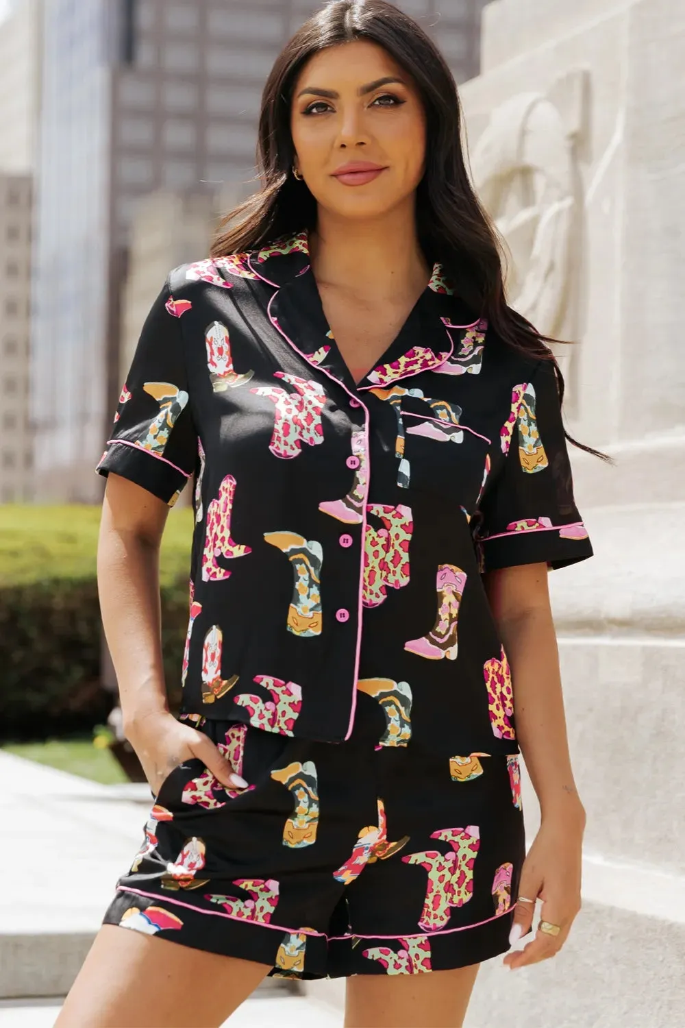 Printed Button Up Short Sleeve Top and Shorts Lounge Set sold by Gigi Laurent product image thumbnail 2