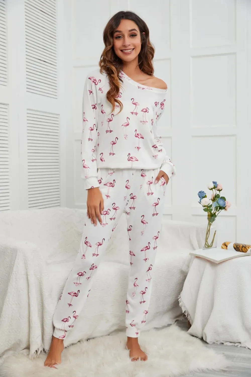 Flamingo Long Sleeve Top and Pants Lounge Set sold by Gigi Laurent