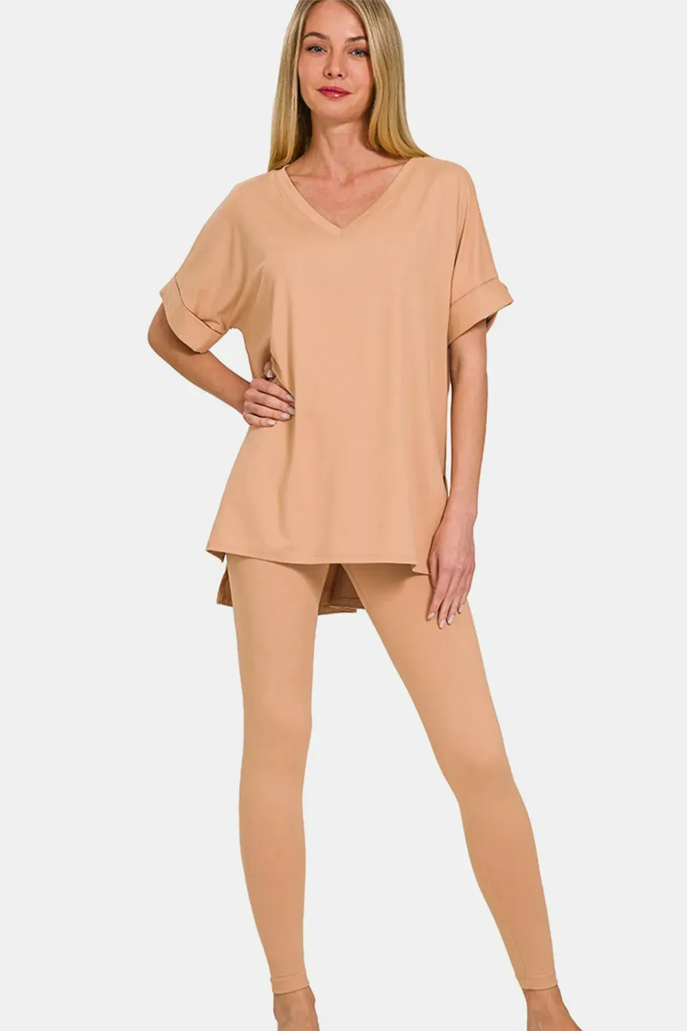 Zenana Full Size V-Neck Rolled Short Sleeve T-Shirt and Leggings Lounge Set sold by Gigi Laurent