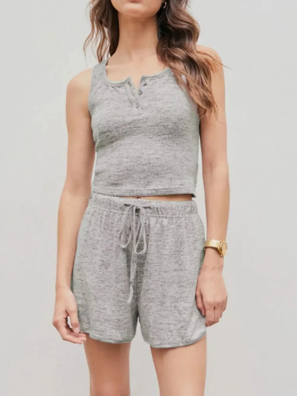 Quarter Button Sleeveless Top and Drawstring Shorts Lounge Set sold by Gigi Laurent
