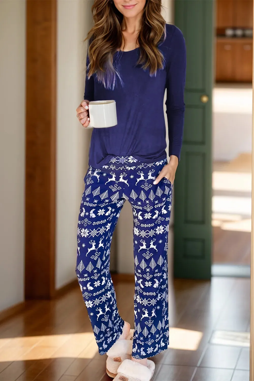 Round Neck Long Sleeve Top and Printed Pants Lounge Set sold by Gigi Laurent