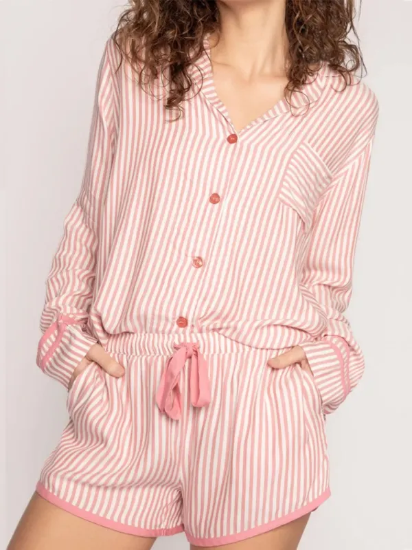 Striped Collared Neck Long Sleeve Top and Shorts Lounge Set sold by Gigi Laurent