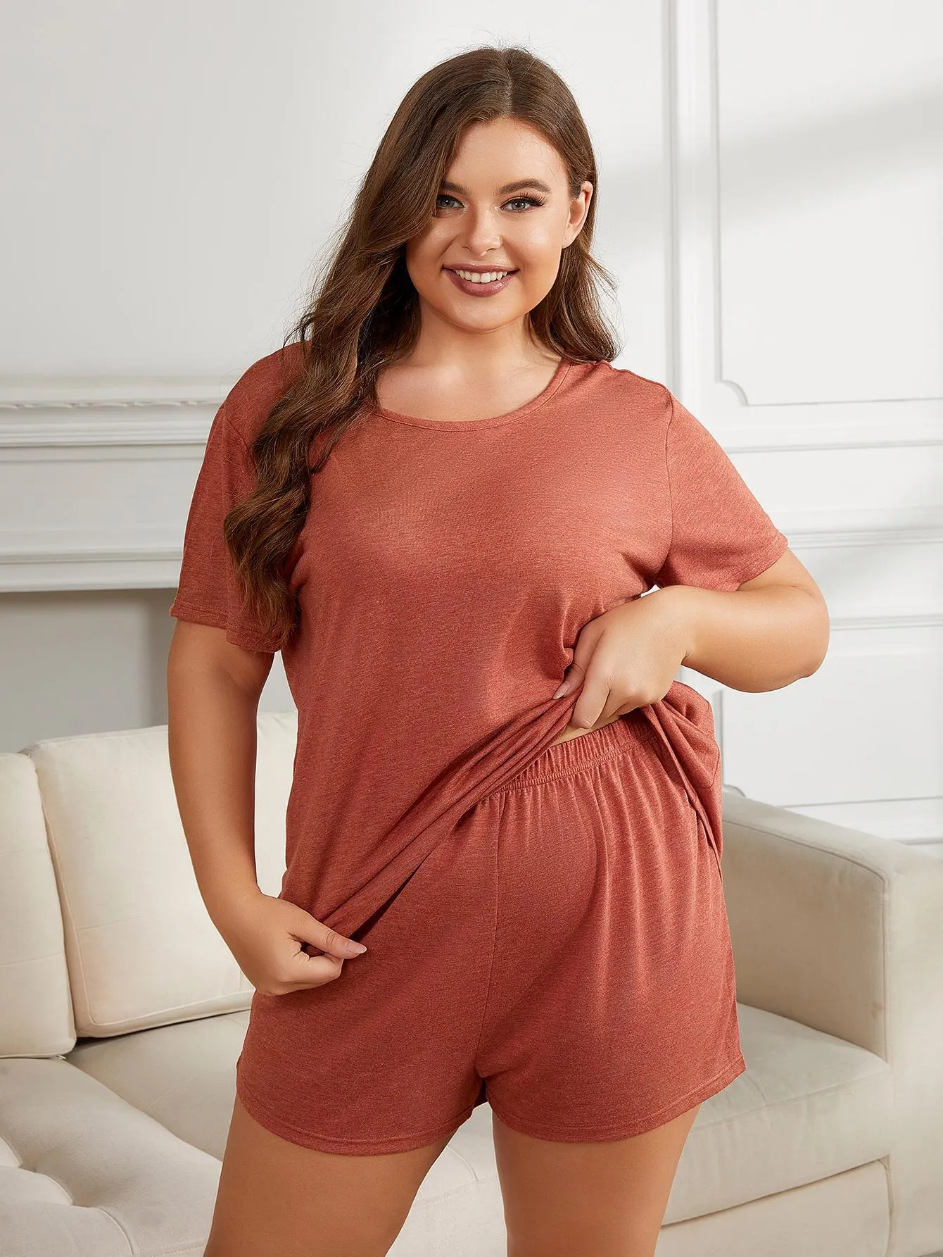Plus Size Round Neck Short Sleeve Two-Piece Loungewear Set sold by Gigi Laurent