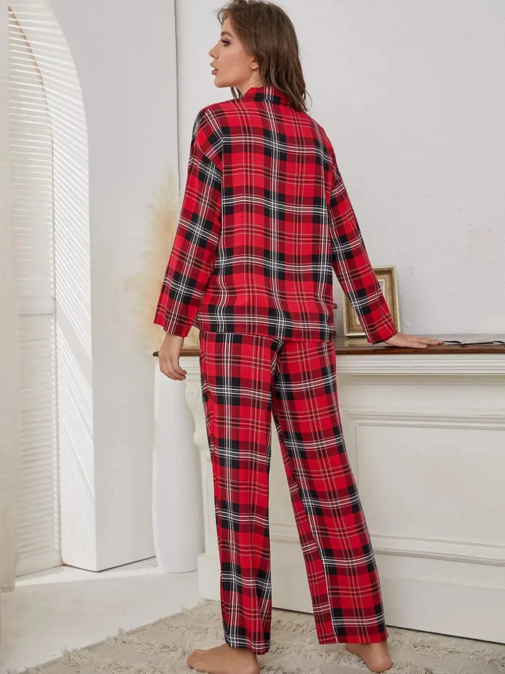 Plaid Collared Neck Long Sleeve Top and Pants Lounge Set sold by Gigi Laurent product image thumbnail 3