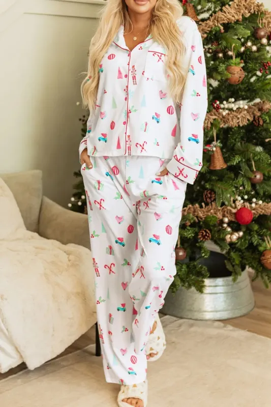 Christmas Printed Collared Neck Top and Pants Lounge Set sold by Gigi Laurent