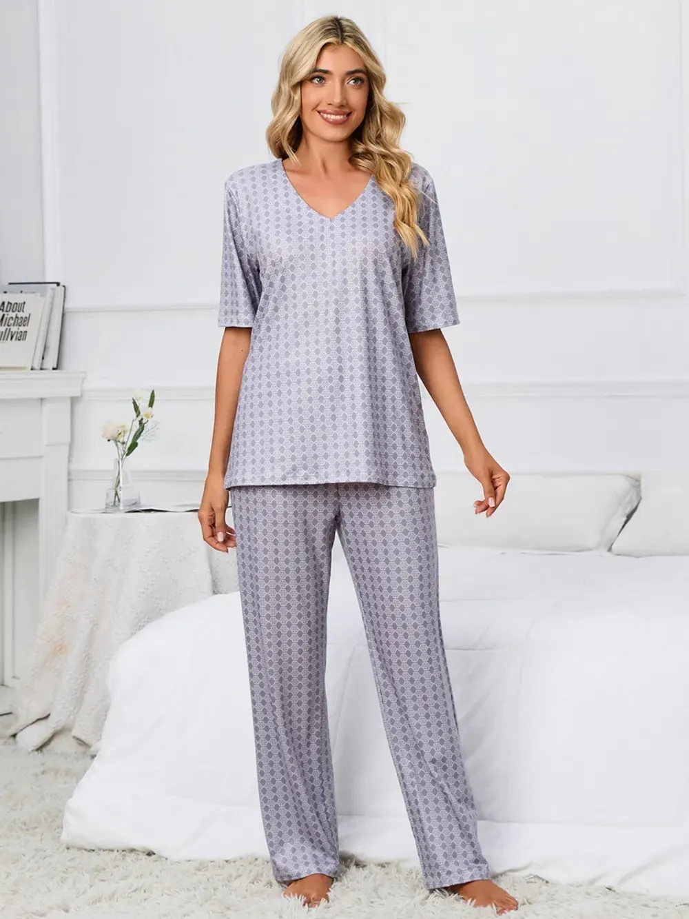 Printed V-Neck Top and Pants Lounge Set sold by Gigi Laurent product image thumbnail 4