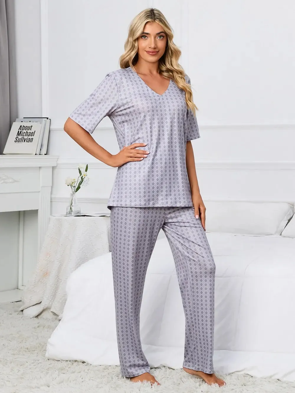 Printed V-Neck Top and Pants Lounge Set sold by Gigi Laurent product image thumbnail 3