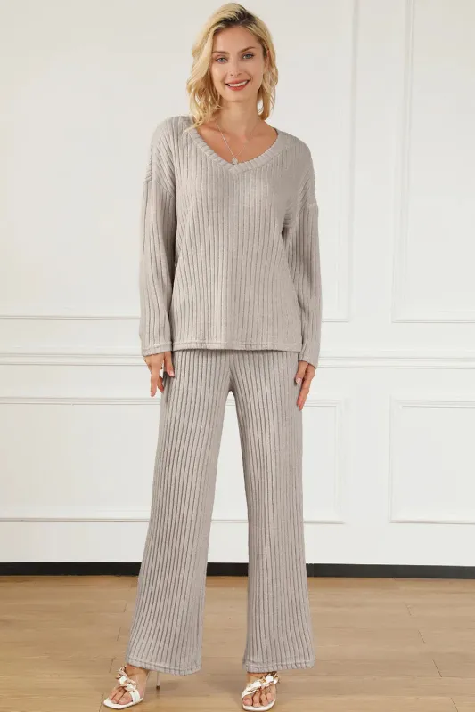 Ribbed V-Neck Top and Pants Lounge Set sold by Gigi Laurent