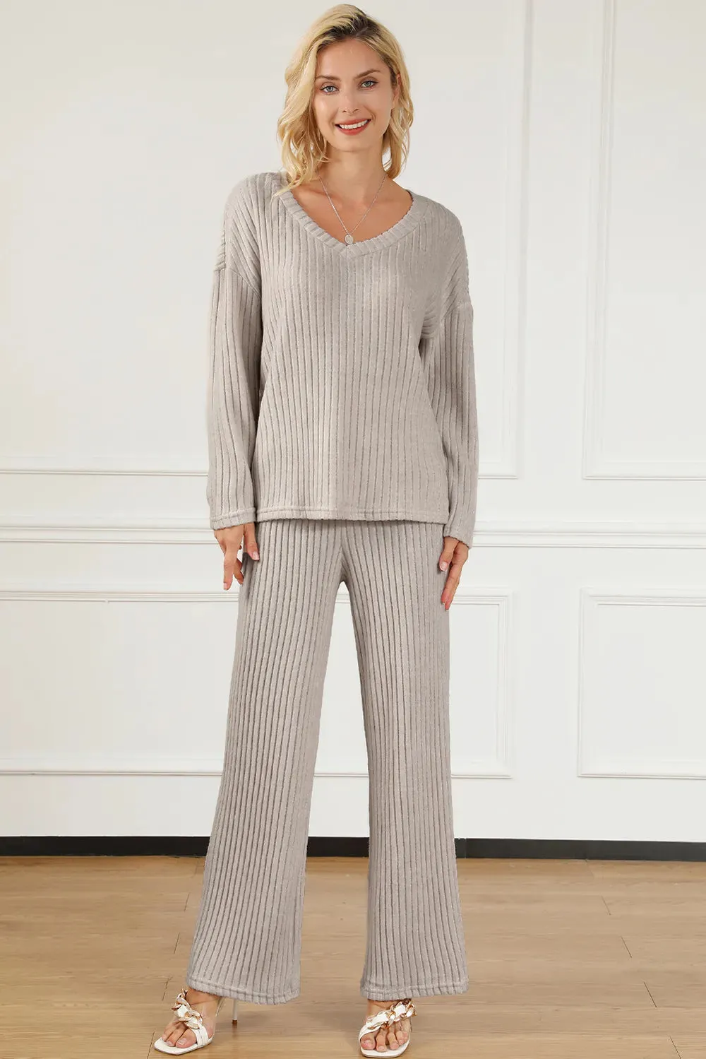 Ribbed V-Neck Top and Pants Lounge Set sold by Gigi Laurent
