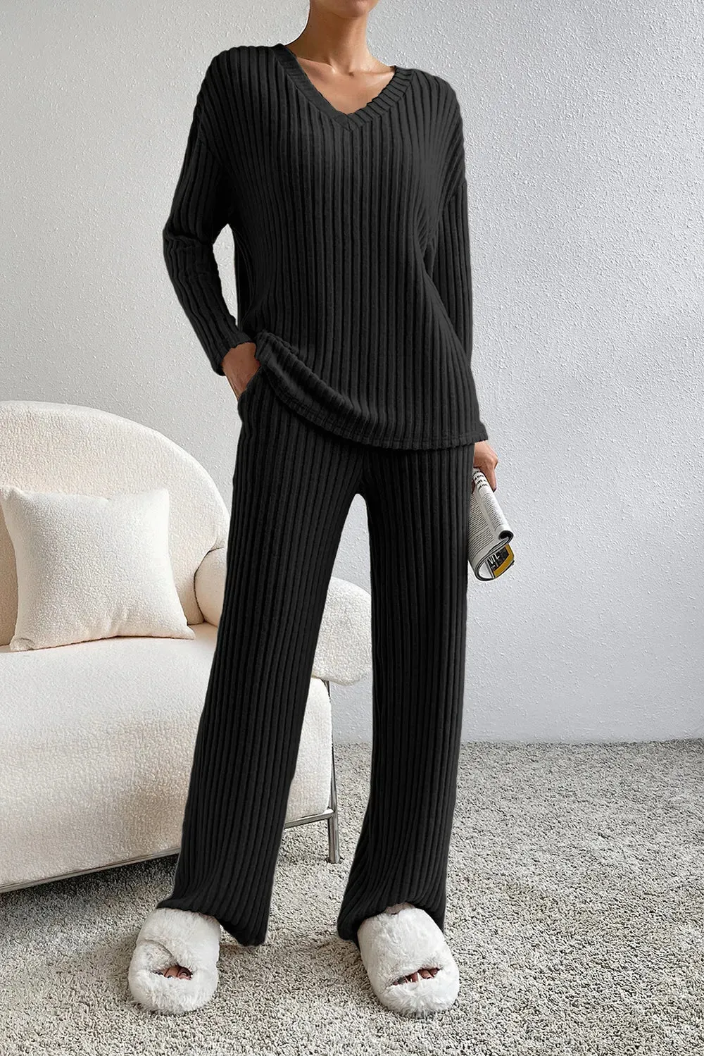 Ribbed V-Neck Top and Pants Lounge Set sold by Gigi Laurent product image thumbnail 4