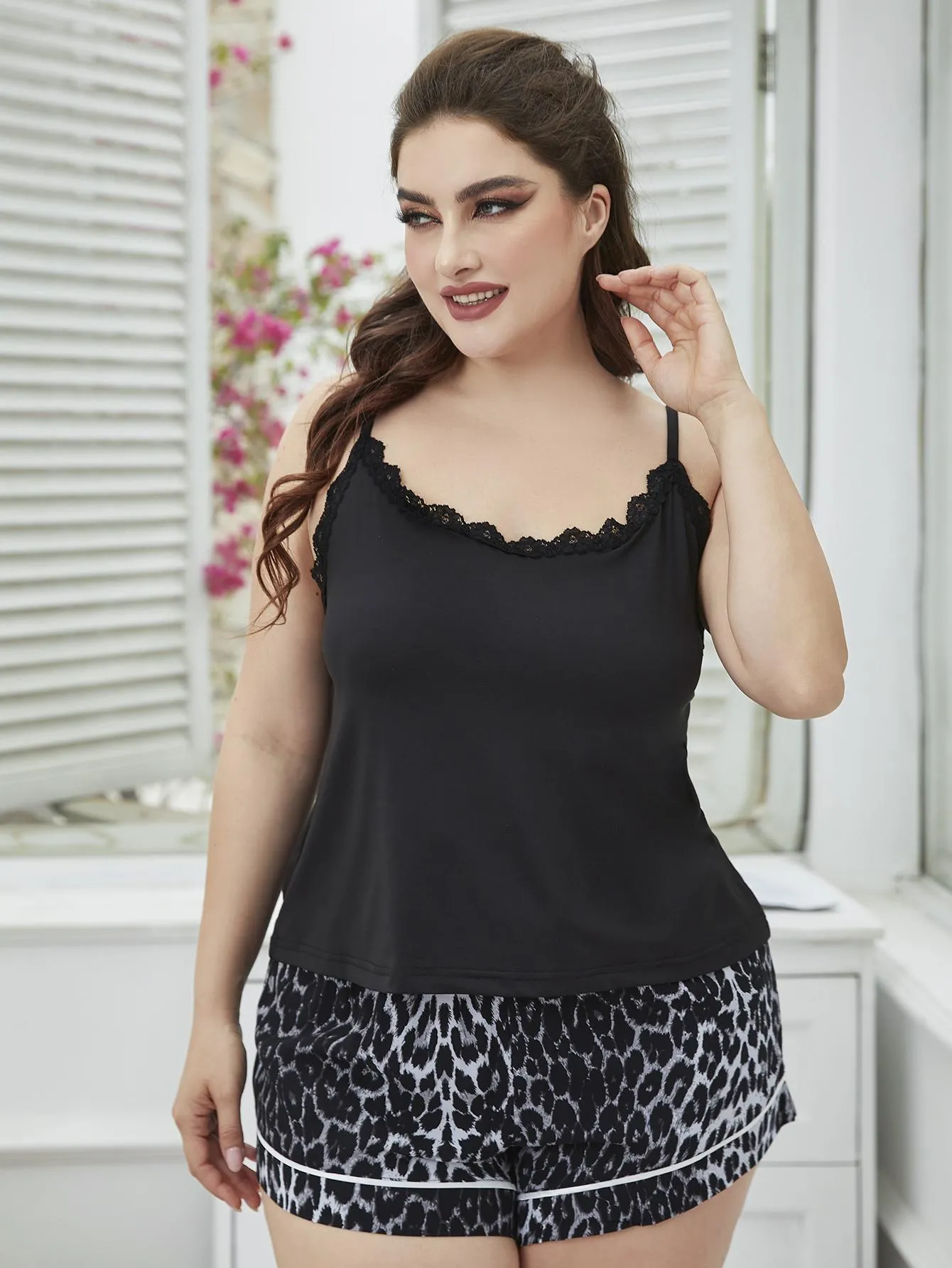 Plus Size Lace Trim Scoop Neck Cami and Printed Shorts Pajama Set sold by Gigi Laurent product image thumbnail 5