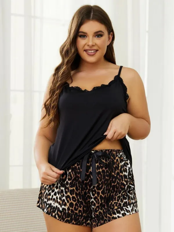 Plus Size Lace Trim Scoop Neck Cami and Printed Shorts Pajama Set made by Trendsi