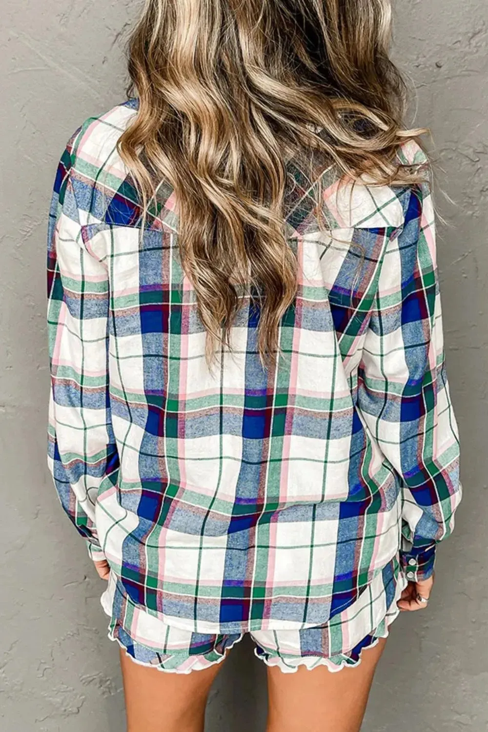 Plaid Snap Down Long Sleeve Top and Shorts Lounge Set sold by Gigi Laurent product image thumbnail 2