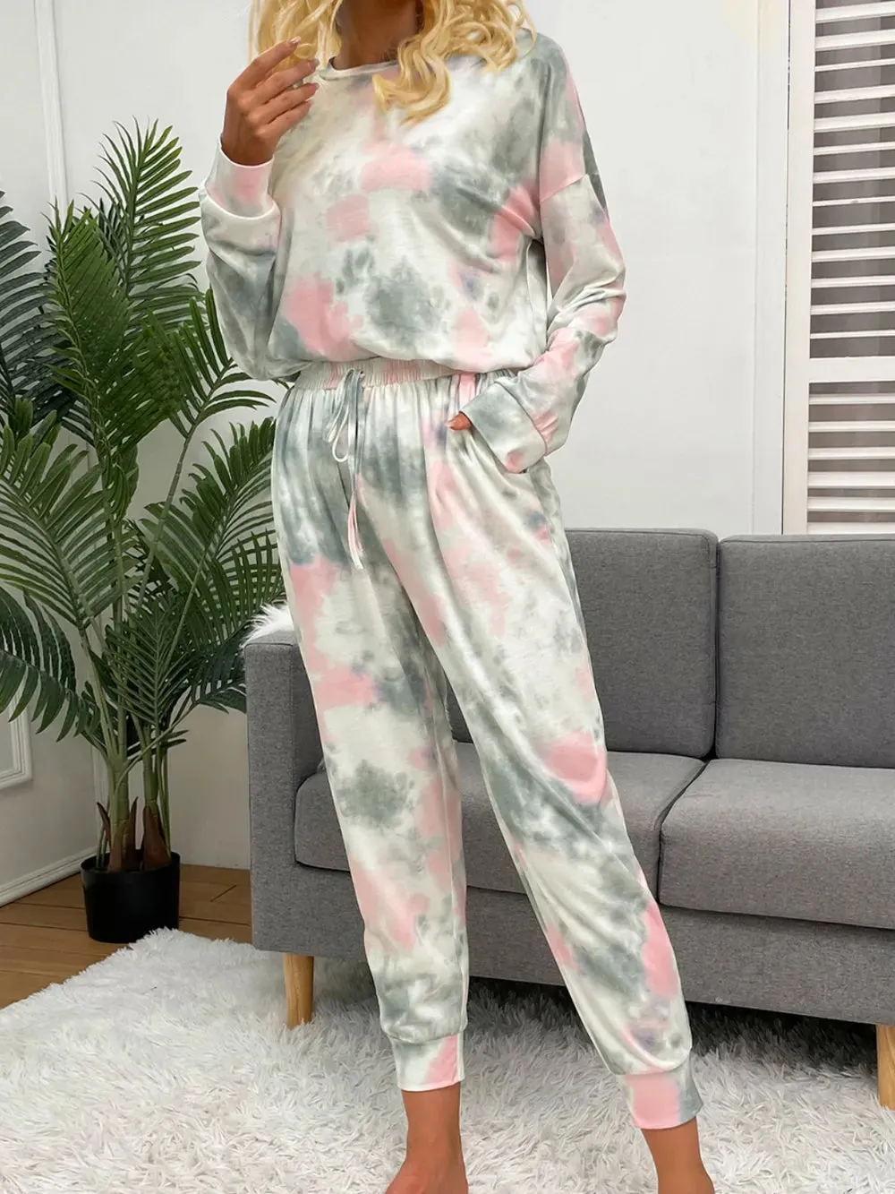 Shiny Tie-Dye Round Neck Top and Drawstring Pants Lounge Set sold by Gigi Laurent product image thumbnail 4