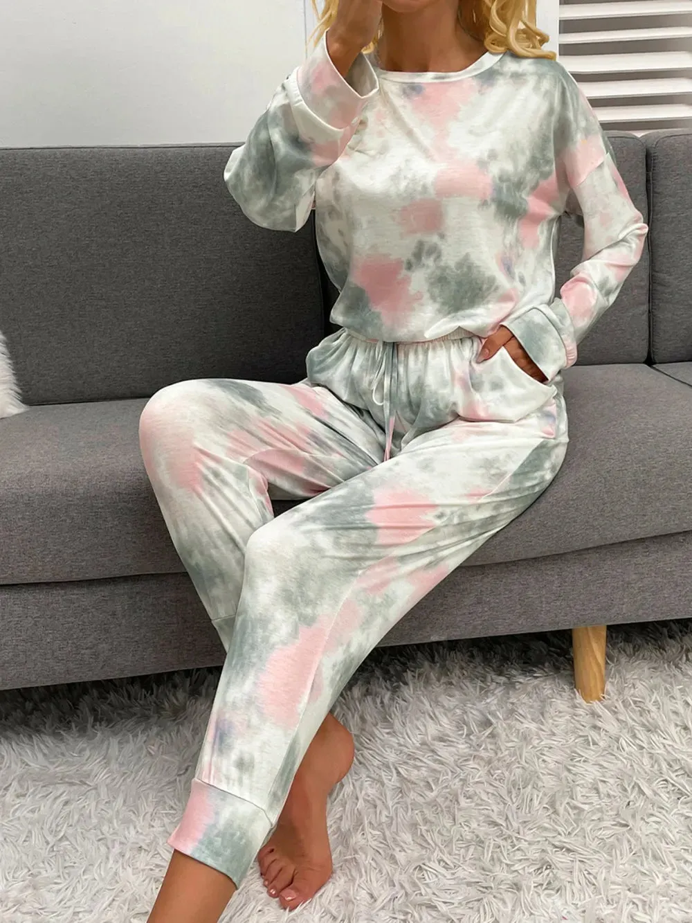 Shiny Tie-Dye Round Neck Top and Drawstring Pants Lounge Set sold by Gigi Laurent product image thumbnail 3