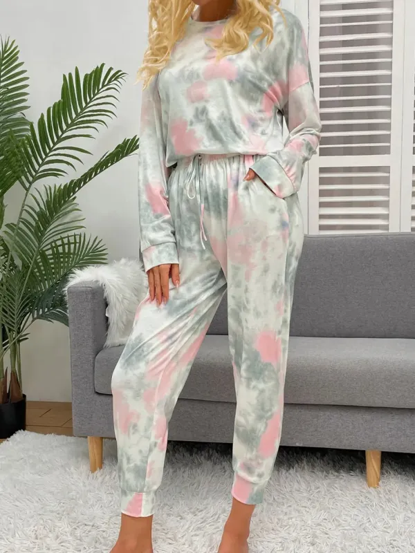 Shiny Tie-Dye Round Neck Top and Drawstring Pants Lounge Set sold by Gigi Laurent