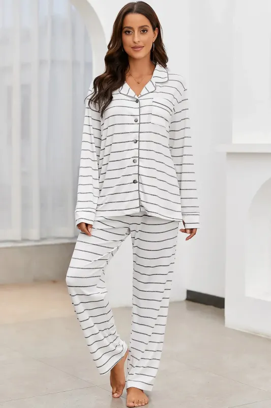 Striped V-Neck Long Sleeve Top and Pants Lounge Set sold by Gigi Laurent