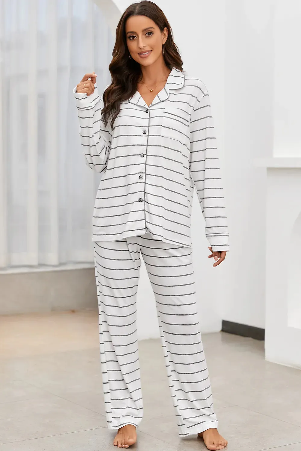Striped V-Neck Long Sleeve Top and Pants Lounge Set sold by Gigi Laurent product image thumbnail 2