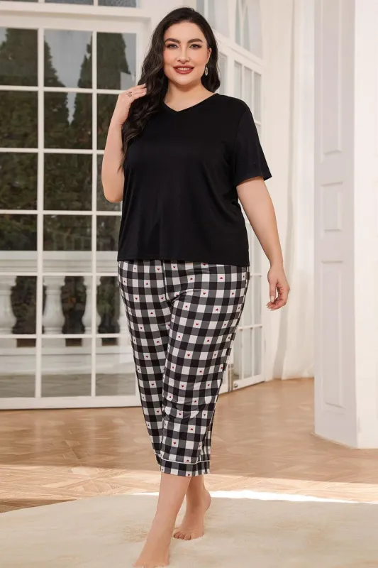 V-Neck Tee and Plaid Cropped Pants Lounge Set sold by Gigi Laurent