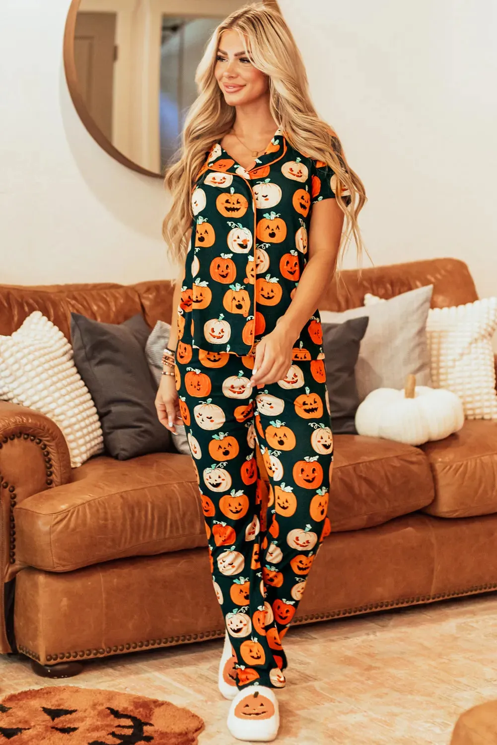 Pumpkin Printed Short Sleeve Top and Pants Lounge Set sold by Gigi Laurent product image thumbnail 3