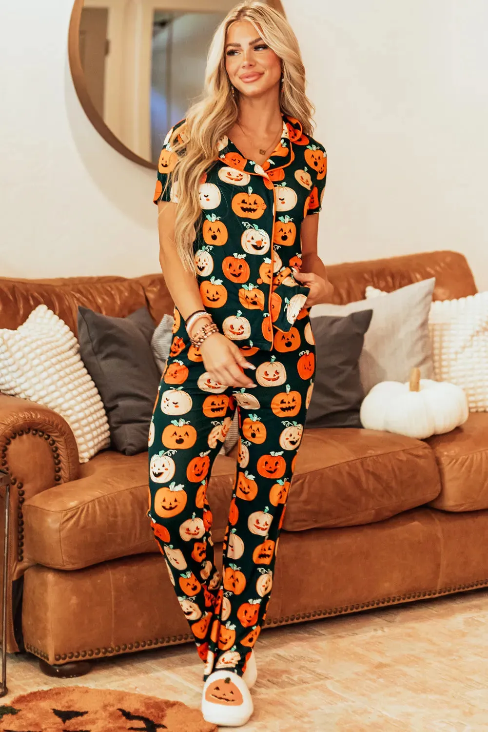 Pumpkin Printed Short Sleeve Top and Pants Lounge Set sold by Gigi Laurent product image thumbnail 5