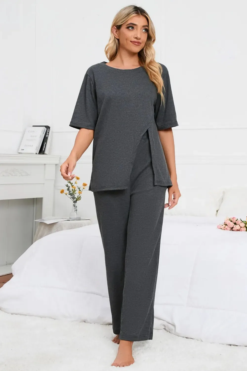 Slit Round Neck Top and Pants Lounge Set sold by Gigi Laurent