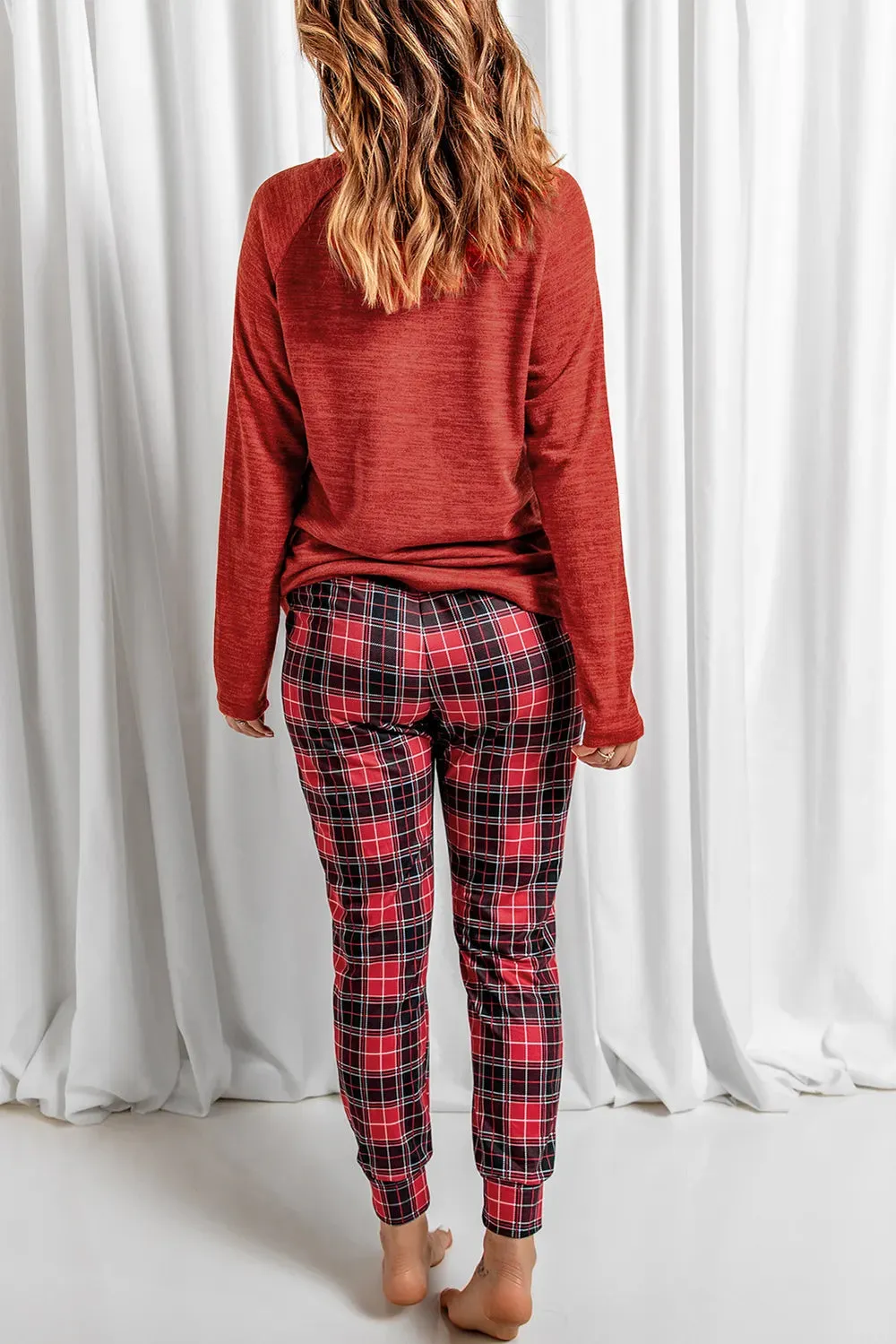 Round Neck Top and Drawstring Plaid Pants Lounge Set sold by Gigi Laurent product image thumbnail 2