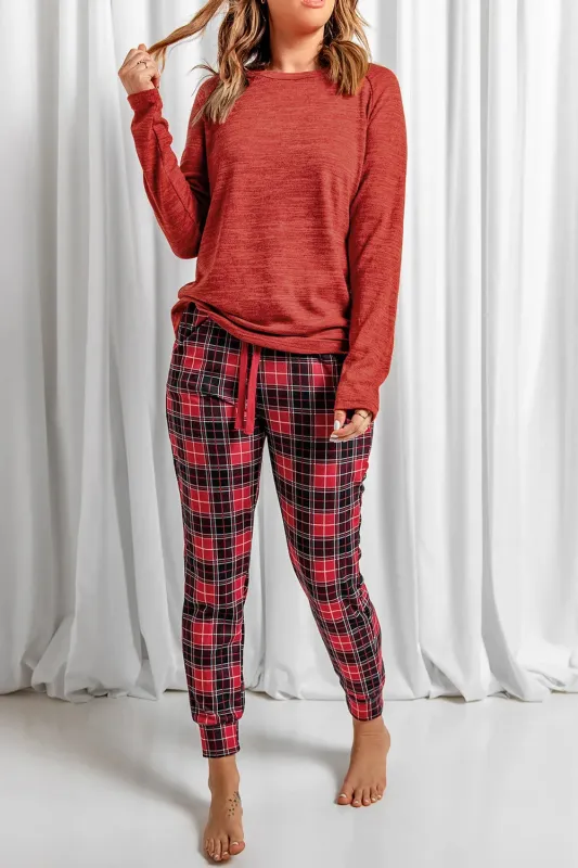 Round Neck Top and Drawstring Plaid Pants Lounge Set sold by Gigi Laurent