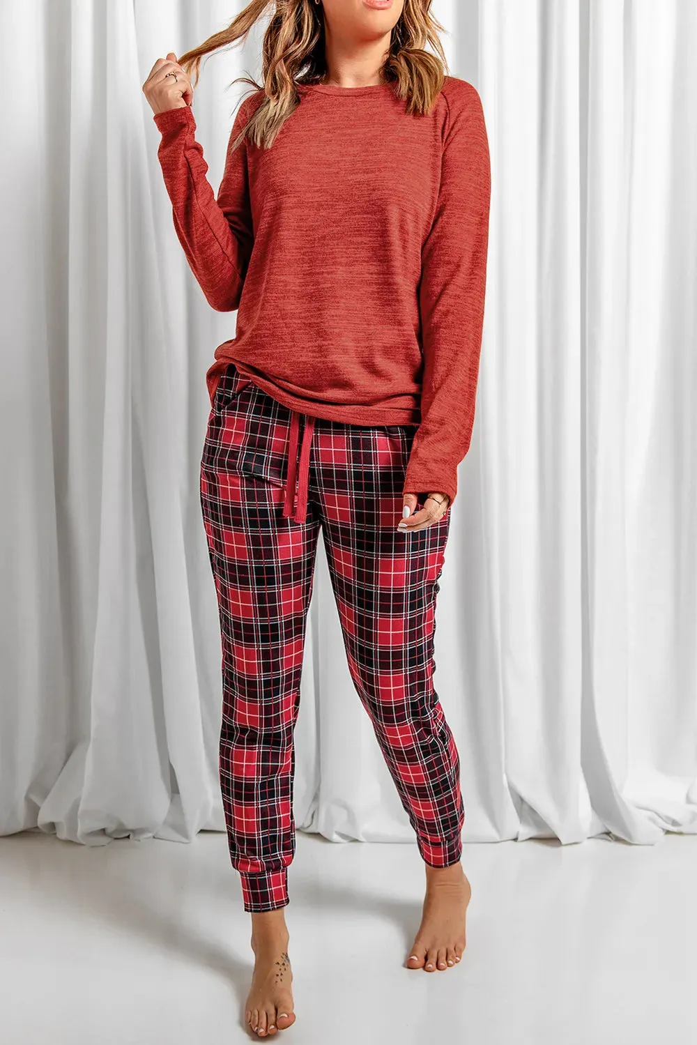 Round Neck Top and Drawstring Plaid Pants Lounge Set sold by Gigi Laurent