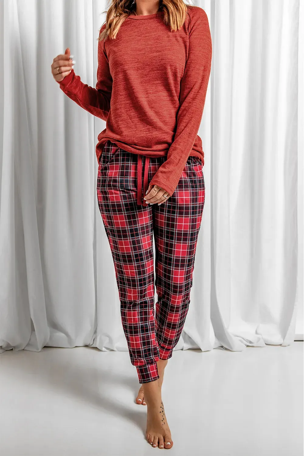 Round Neck Top and Drawstring Plaid Pants Lounge Set sold by Gigi Laurent product image thumbnail 3