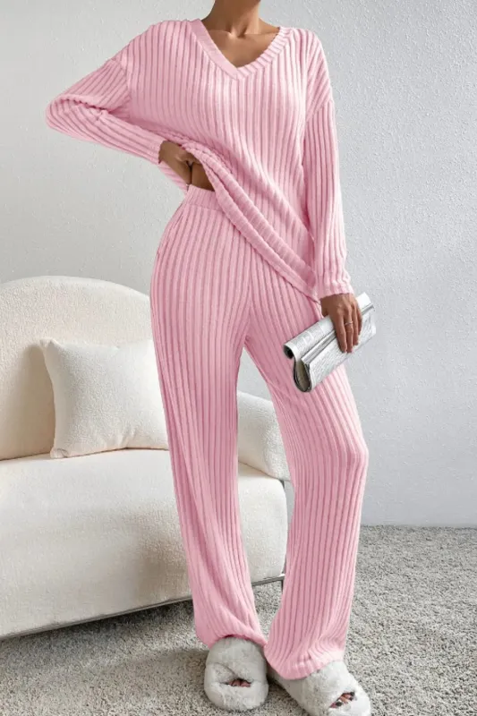 Ribbed V-Neck Top and Pants Lounge Set sold by Gigi Laurent