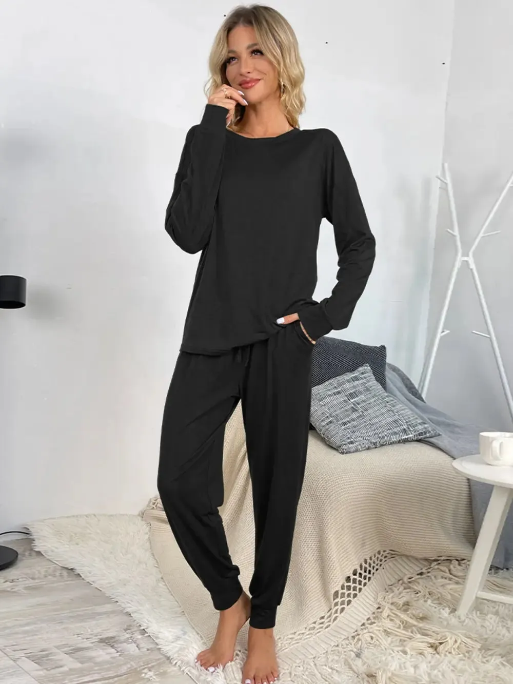 Shiny Round Neck Top and Drawstring Pants Lounge Set sold by Gigi Laurent product image thumbnail 3