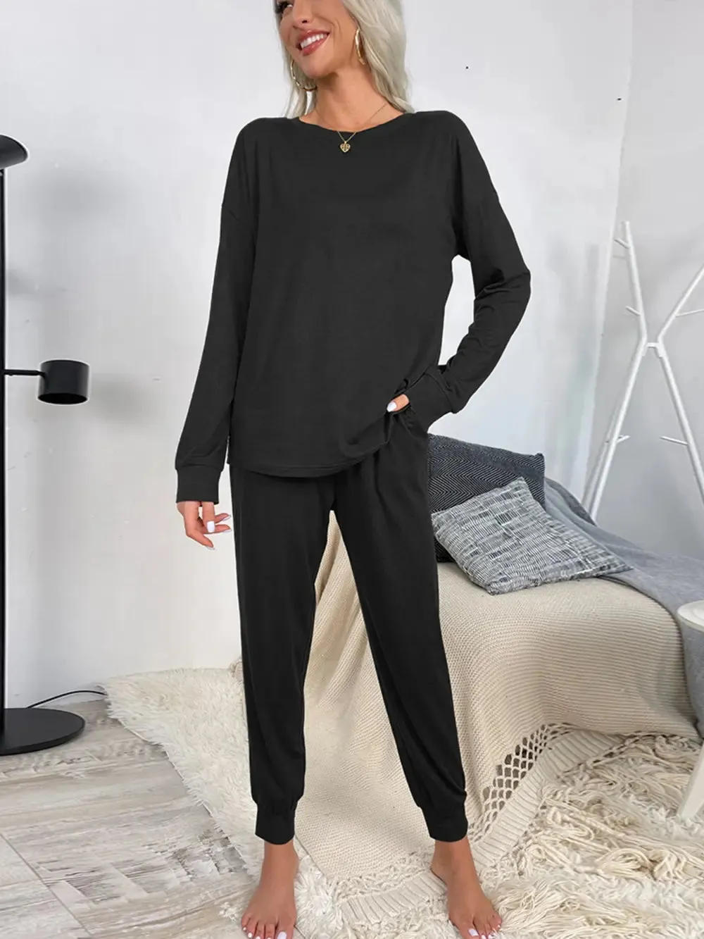 Shiny Round Neck Top and Drawstring Pants Lounge Set sold by Gigi Laurent product image thumbnail 2