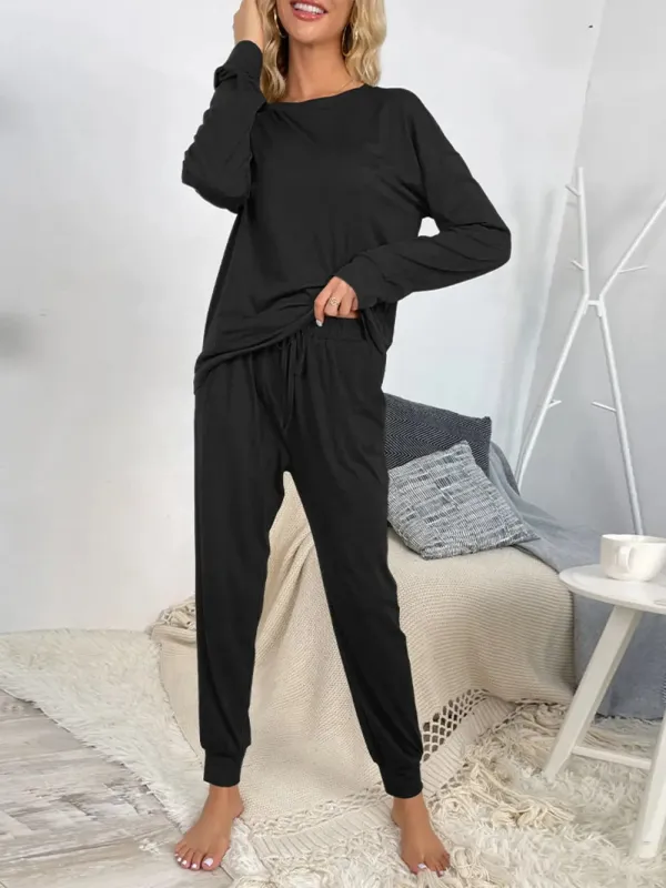 Shiny Round Neck Top and Drawstring Pants Lounge Set sold by Gigi Laurent