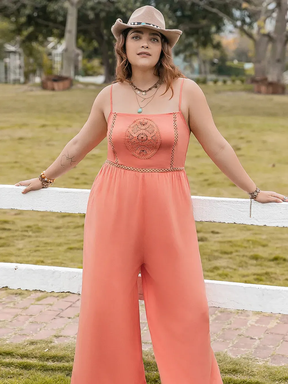 Plus Size Lace Detail Spaghetti Strap Wide Leg Jumpsuit sold by Gigi Laurent product image thumbnail 3