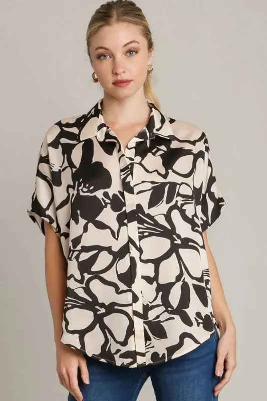 Umgee Full Size Two Tone Print Button Down Top with Hidden Plackets Plus Size sold by Gigi Laurent