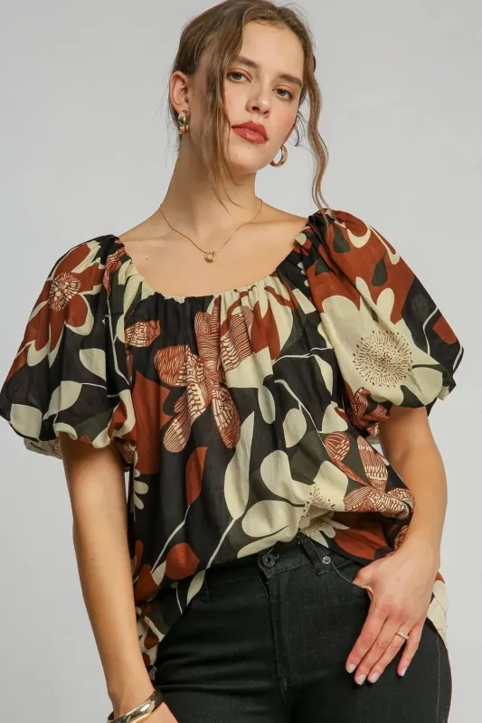 Umgee Full Size Print Round Neck Puff Sleeve Top Plus Size sold by Gigi Laurent